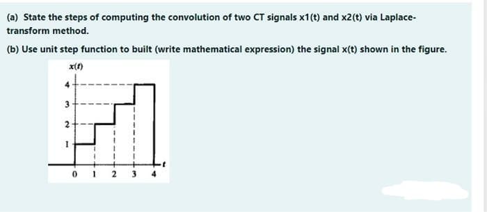 (a) State the steps of computing the convolution of two CT signals x1(t) and x2(t) via Laplace-
transform method.
(b) Use unit step function to built (write mathematical expression) the signal x(t) shown in the figure.
x()
3
0 1 2
3
2.
