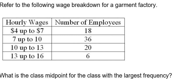 Refer to the following wage breakdown for a garment factory.
Hourly Wages Number of Employees
$4 up to $7
18
7 up to 10
36
10 up to 13
20
13 up to 16
6
What is the class midpoint for the class with the largest frequency?