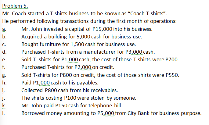 Problem 5.
Mr. Coach started a T-shirts business to be known as "“Coach T-shirts".
He performed following transactions during the first month of operations:
а.
Mr. John invested a capital of P15,000 into his business.
b.
Acquired a building for 5,000 cash for business use.
C.
Bought furniture for 1,500 cash for business use.
d.
Purchased T-shirts from a manufacturer for P3,000 cash.
Sold T- shirts for P1,000 cash, the cost of those T-shirts were P700.
Purchased T-shirts for P2,000 on credit.
е.
f.
g.
Sold T-shirts for P800 on credit, the cost of those shirts were P550.
h.
Paid P1,000 cash to his payables.
į.
j.
Collected P800 cash from his receivables.
The shirts costing P100 were stolen by someone.
k.
Mr. John paid P150 cash for telephone bill.
I.
Borrowed money amounting to P5,000 from City Bank for business purpose.
