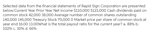 Selected data from the financial statements of Rapid Sign Corporation are presented
below:Current Year Prior Year Net income $110,000 $123,000 Cash dividends paid on
common stock 42,000 38,000 Average number of common shares outstanding
140,000 145,000 Treasury Stock 70,000 0 Market price per share of common stock at
year end 16.00 13.00What is the total payout ratio for the current year? a. 88% b.
102% c. 30% d. 66%