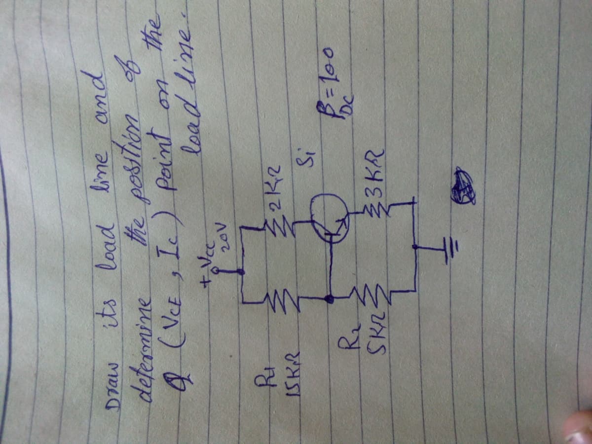 Draw
its load line and
determine
the posihion of
4(VCE, Ic) point on
+Vcc
the
2K2
ISKR
SK23
33KR

