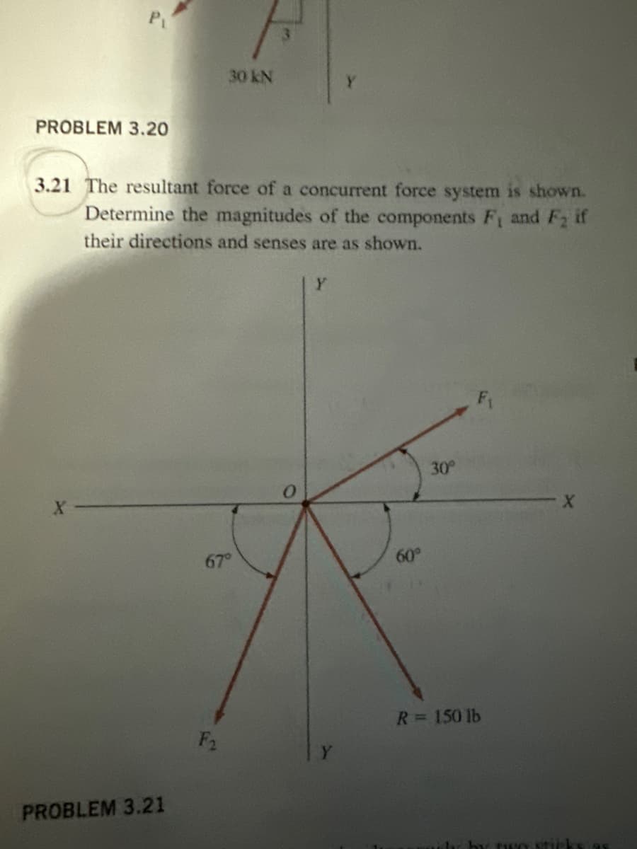 F
30 kN
PROBLEM 3.20
3.21 The resultant force of a concurrent force system is shown.
Determine the magnitudes of the components Fi and F₂ if
their directions and senses are as shown.
Y
PROBLEM 3.21
67°
60°
30°
X
F₂
R = 150 lb
by two stick
