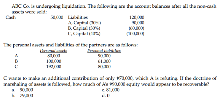 ABC Co. is undergoing liquidation. The following are the account balances after all the non-cash
assets were sold:
50,000 Liabilities
A, Capital (30%)
B, Capital (30%)
C, Capital (40%)
Cash
120,000
90,000
(60,000)
(100,000)
The personal assets and liabilities of the partners are as follows:
Personal assets
80,000
100,000
192,000
Personal liabilities
90,000
61,000
80,000
A
B
C wants to make an additional contribution of only P70,000, which A is refuting. If the doctrine of
marshaling of assets is followed, how much of A's P90,000 equity would appear to be recoverable?
a. 90,000
b. 79,000
c. 81,000
d. 0
