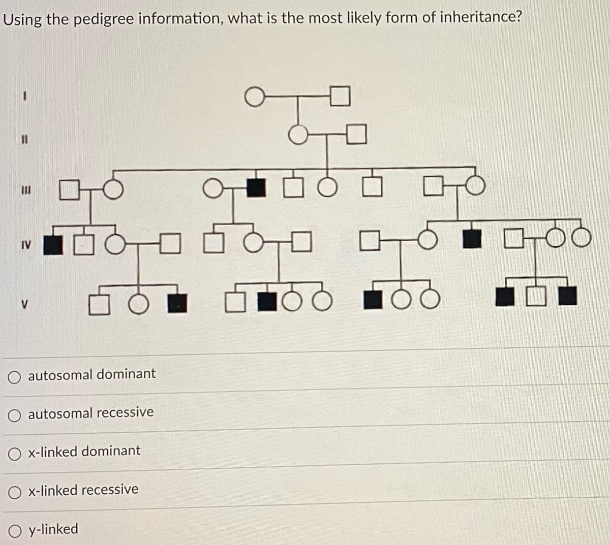 Using the pedigree information, what is the most likely form of inheritance?
III
IV
V
O autosomal dominant
O autosomal recessive
O x-linked dominant
O x-linked recessive
O y-linked
