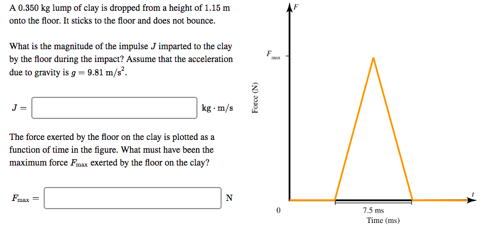 A 0.350 kg lump of clay is dropped from a height of 1.15 m
onto the floor. It sticks to the floor and does not bounce.
What is the magnitude of the impulse J imparted to the clay
by the floor during the impact? Assume that the acceleration
due to gravity is g = 9.81 m/s.
max
J =
kg · m/s
The force exerted by the floor on the clay is plotted as a
function of time in the figure. What must have been the
maximum force Fmax exerted by the floor on the clay?
Fmax
7.5 ms
Time (ms)
Force (N)
