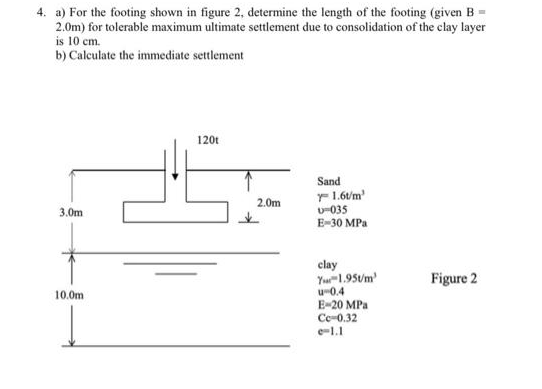 4. a) For the footing shown in figure 2, determine the length of the footing (given B
2.0m) for tolerable maximum ultimate settlement due to consolidation of the clay layer
is 10 cm.
b) Calculate the immediate settlement
3.0m
10.0m
120t
2.0m
Sand
y 1.60/m¹
U-035
E-30 MPa
clay
Your 1.950/m¹
u-0.4
E-20 MPa
Cc-0.32
e-1.1
Figure 2