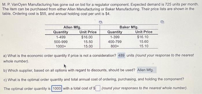M. P. VanOyen Manufacturing has gone out on bid for a regulator component. Expected demand is 725 units per month.
The item can be purchased from either Allen Manufacturing or Baker Manufacturing. Their price lists are shown in the
table. Ordering cost is $55, and annual holding cost per unit is $4.
O
Allen Mfg.
Quantity
1-499
500-999
1000+
Unit Price
$16.00
15.50
15.00
Baker Mfg.
Quantity
1-399
400-799
800+
Unit Price
$16.10
15.60
15.10
a) What is the economic order quantity if price is not a consideration? 489 units (round your response to the nearest
whole number).
b) Which supplier, based on all options with regard to discounts, should be used? Allen Mfg.
c) What is the optimal order quantity and total annual cost of ordering, purchasing, and holding the component?
The optimal order quantity is 1000 with a total cost of $ (round your responses to the nearest whole number).
