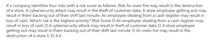 If a company identifies four risks with a risk score as follows: Risk An oven fire may result in the destruction
of a store. A cybersecurity attack may result in the theft of customer data. A store employee getting sick may
result in them backing out of their shift last minute. An employee stealing from a cash register may result in
loss of cash. Which risk is the highest priority? Risk Score O An employee stealing from a cash register may
result in loss of cash O A cybersecurity attack may result in theft of customer data OA store employee
getting sick may result in them backing out of their shift last minute O An oven fire may result in the
destruction of a store 5 15 4 6