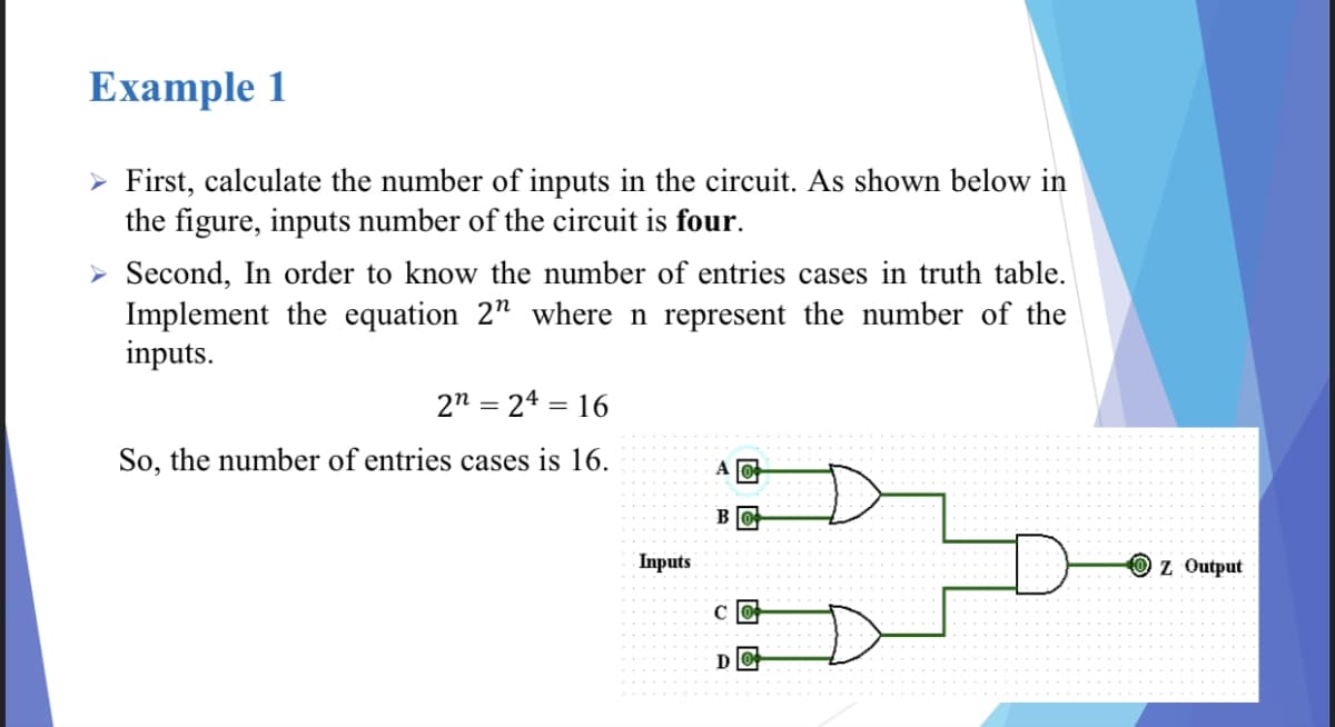 Example 1
> First, calculate the number of inputs in the circuit. As shown below in
the figure, inputs number of the circuit is four.
> Second, In order to know the number of entries cases in truth table.
Implement the equation 2" where n represent the number of the
inputs.
2" = 24 = 16
So, the number of entries cases is 16.
Bo
Inputs
z Output
c lo
