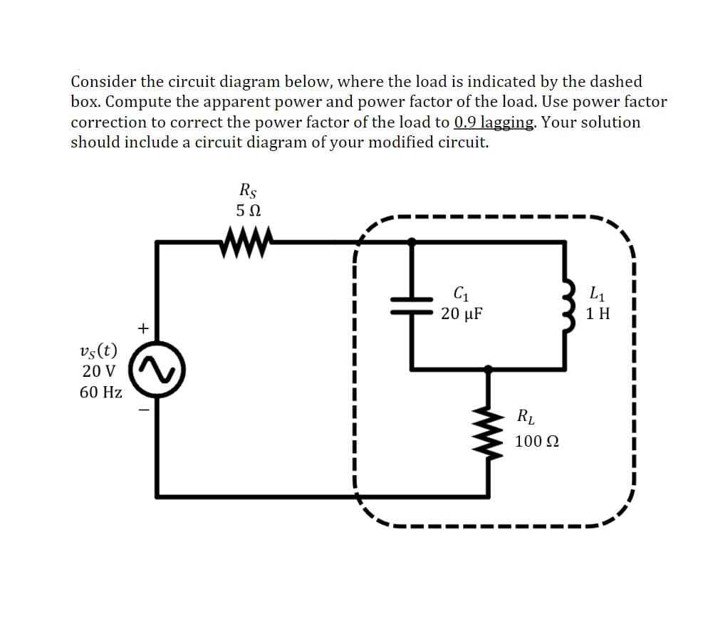 Consider the circuit diagram below, where the load is indicated by the dashed
box. Compute the apparent power and power factor of the load. Use power factor
correction to correct the power factor of the load to 0.9 lagging. Your solution
should include a circuit diagram of your modified circuit.
Rs
5 0
ww
C1
20 µF
L1
1 H
+
vs(t)
20 V
60 Hz
RL
100 2
ww
