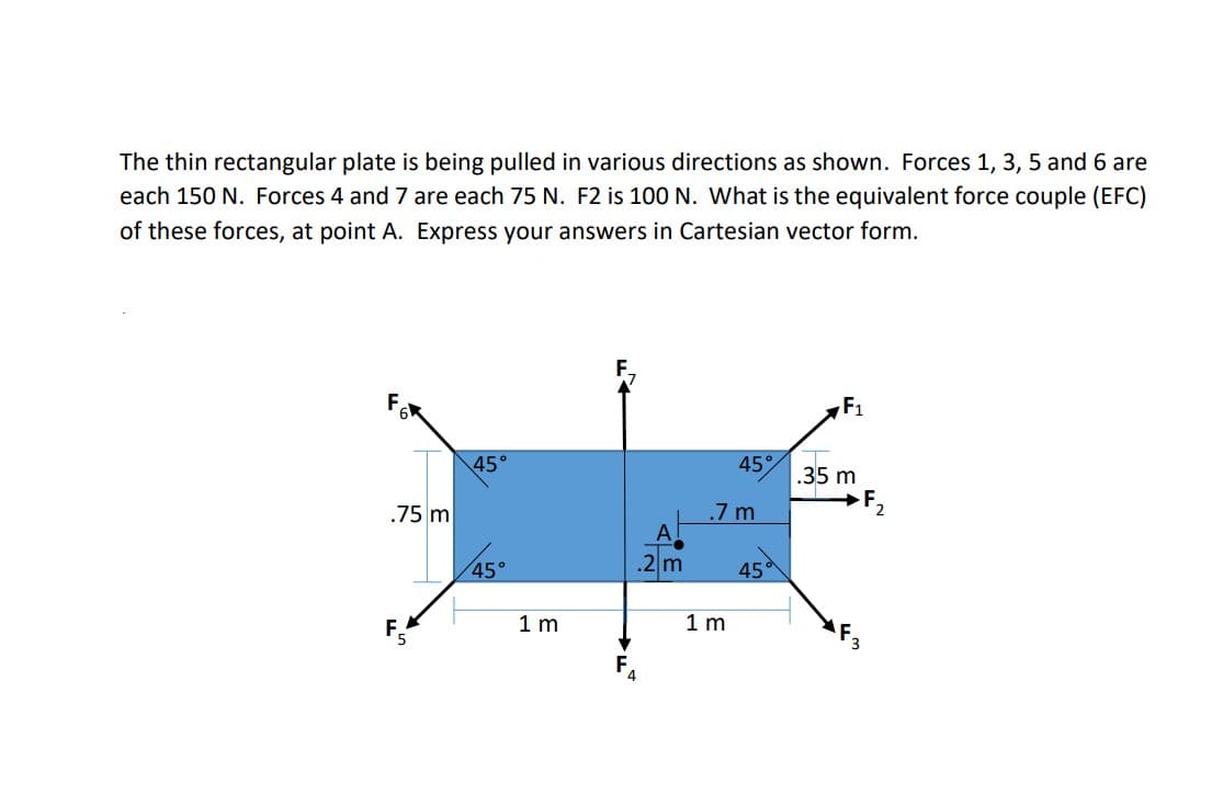The thin rectangular plate is being pulled in various directions as shown. Forces 1, 3, 5 and 6 are
each 150 N. Forces 4 and 7 are each 75 N. F2 is 100 N. What is the equivalent force couple (EFC)
of these forces, at point A. Express your answers in Cartesian vector form.
F1
45
45 .35 m
+F,
.75 m
.7 m
A
45°
.2 m
45
1 m
1m
