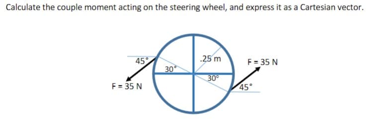 Calculate the couple moment acting on the steering wheel, and express it as a Cartesian vector.
45
.25 m
F = 35 N
30
30°
F = 35 N
45°
