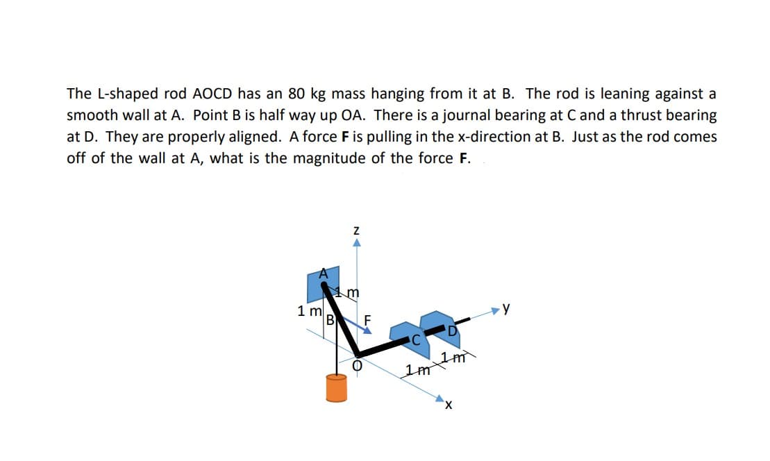 The L-shaped rod AOCD has an 80 kg mass hanging from it at B. The rod is leaning against a
smooth wall at A. Point B is half way up OA. There is a journal bearing at C and a thrust bearing
at D. They are properly aligned. A force F is pulling in the x-direction at B. Just as the rod comes
off of the wall at A, what is the magnitude of the force F.
1 m
B
F
1m

