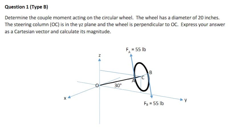 Question 1 (Type B)
Determine the couple moment acting on the circular wheel. The wheel has a diameter of 20 inches.
The steering column (OC) is in the yz plane and the wheel is perpendicular to OC. Express your answer
as a Cartesian vector and calculate its magnitude.
F, = 55 lb
A
30°
►y
F3 = 55 lb
