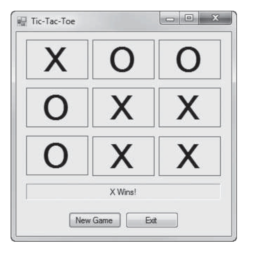Tic-Tac-Toe
X
O
O
O
X
X
X Wins!
New Game
Exit
O
X
X
X