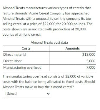 Almond Treats manufactures various types of cereals that
feature almonds. Acme Cereal Company has approached
Almond Treats with a proposal to sell the company its top
selling cereal at a price of $22,000 for 20,000 pounds. The
costs shown are associated with production of 20,000
pounds of almond cereal:
Almond Treats cost data
Costs
Direct material
Direct labor
Manufacturing overhead
Amounts
$13,000
5,000
7,000
The manufacturing overhead consists of $2,000 of variable
costs with the balance being allocated to fixed costs. Should
Almont Treats make or buy the almond cereal?
[Select]