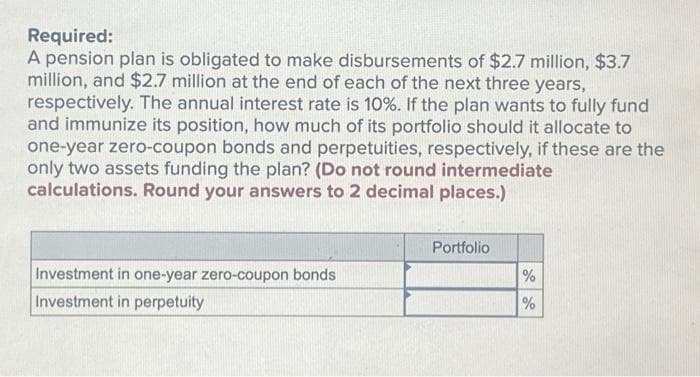 Required:
A pension plan is obligated to make disbursements of $2.7 million, $3.7
million, and $2.7 million at the end of each of the next three years,
respectively. The annual interest rate is 10%. If the plan wants to fully fund
and immunize its position, how much of its portfolio should it allocate to
one-year zero-coupon bonds and perpetuities, respectively, if these are the
only two assets funding the plan? (Do not round intermediate
calculations. Round your answers to 2 decimal places.)
Investment in one-year zero-coupon bonds
Investment in perpetuity
Portfolio
do do
%
%
