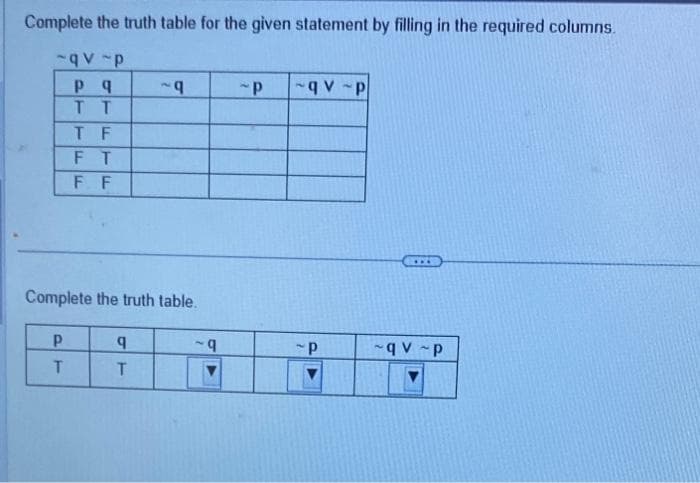 Complete the truth table for the given statement by filling in the required columns.
qv-p
Р q
TT
TF
FT
F F
P
T
Complete the truth table.
~q
q
T
~q
~P
qv-p
~P
~qv p