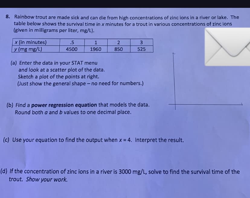 8. Rainbow trout are made sick and can die from high concentrations of zinc ions in a river or lake. The
table below shows the survival time in x minutes for a trout in various concentrations of zinc ions
(given in milligrams per liter, mg/L).
x (in minutes)
y (mg mg/L)
.5
4500
1
1960
2
850
3
525
(a) Enter the data in your STAT menu
and look at a scatter plot of the data.
Sketch a plot of the points at right.
(Just show the general shape - no need for numbers.)
(b) Find a power regression equation that models the data.
Round both a and b values to one decimal place.
(c) Use your equation to find the output when x = 4. Interpret the result.
(d) If the concentration of zinc ions in a river is 3000 mg/L, solve to find the survival time of the
trout. Show your work.