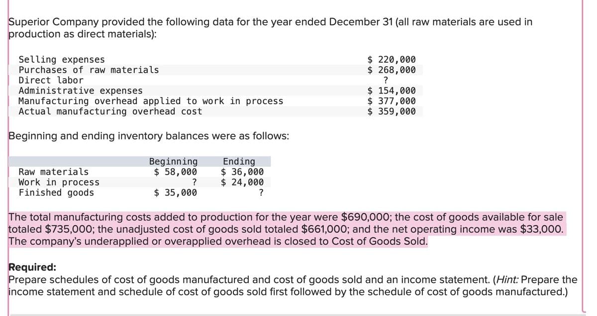Superior Company provided the following data for the year ended December 31 (all raw materials are used in
production as direct materials):
Selling expenses
Purchases of raw materials
Direct labor
Administrative expenses
Manufacturing overhead applied to work in process
Actual manufacturing overhead cost
Beginning and ending inventory balances were as follows:
Beginning
Ending
$ 220,000
$ 268,000
?
$ 154,000
$ 377,000
$ 359,000
Raw materials
Work in process
Finished goods
$ 58,000
$ 36,000
?
$ 24,000
$ 35,000
?
The total manufacturing costs added to production for the year were $690,000; the cost of goods available for sale
totaled $735,000; the unadjusted cost of goods sold totaled $661,000; and the net operating income was $33,000.
The company's underapplied or overapplied overhead is closed to Cost of Goods Sold.
Required:
Prepare schedules of cost of goods manufactured and cost of goods sold and an income statement. (Hint: Prepare the
income statement and schedule of cost of goods sold first followed by the schedule of cost of goods manufactured.)