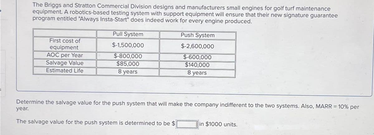 The Briggs and Stratton Commercial Division designs and manufacturers small engines for golf turf maintenance
equipment. A robotics-based testing system with support equipment will ensure that their new signature guarantee
program entitled "Always Insta-Start" does indeed work for every engine produced.
First cost of
equipment
AOC per Year
Salvage Value
Pull System
$-1,500,000
$-800,000
$85,000
Push System
$-2,600,000
$-600,000
$140,000
Estimated Life
8 years
8 years
Determine the salvage value for the push system that will make the company indifferent to the two systems. Also, MARR = 10% per
year.
The salvage value for the push system is determined to be $
in $1000 units.