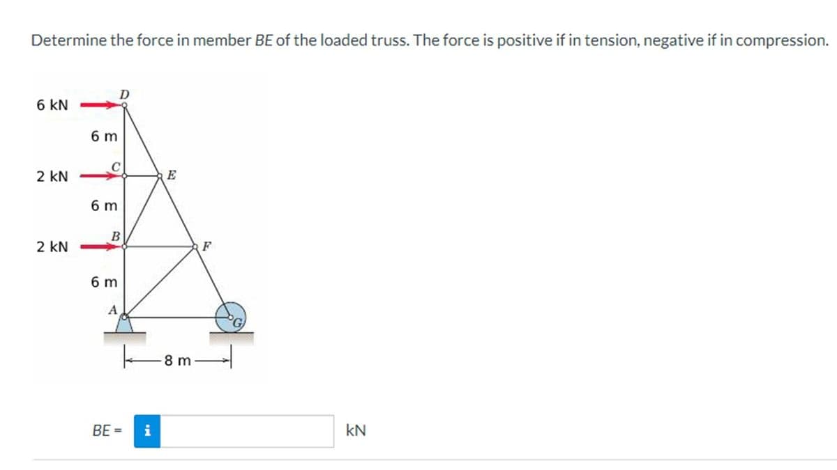 Determine the force in member BE of the loaded truss. The force is positive if in tension, negative if in compression.
6 KN
2 KN
2 KN
6 m
6m
B
6 m
A
BE=
i
E
8m
F
KN