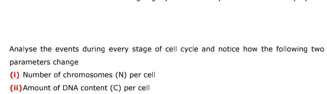 Analyse the events during every stage of cell cycle and notice how the following two
parameters change
(i) Number of chromosomes (N) per cell
(ii)Amount of DNA content (C) per cell
