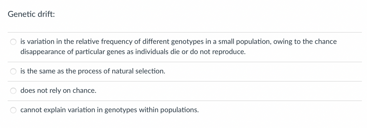 Genetic drift:
is variation in the relative frequency of different genotypes in a small population, owing to the chance
disappearance of particular genes as individuals die or do not reproduce.
is the same as the process of natural selection.
does not rely on chance.
cannot explain variation in genotypes within populations.