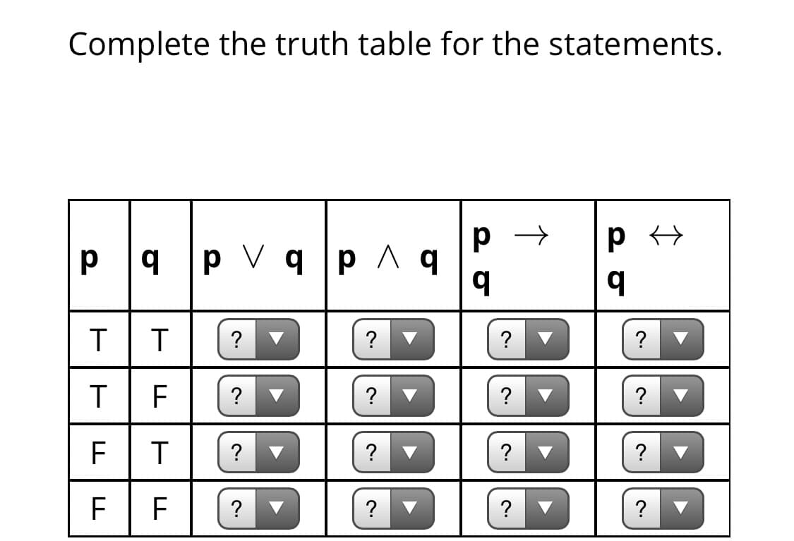 Complete the truth table for the statements.
p a p Vq p A q
?
?
?
TF
?
?
?
F
T
?
?
?
?
?
?
