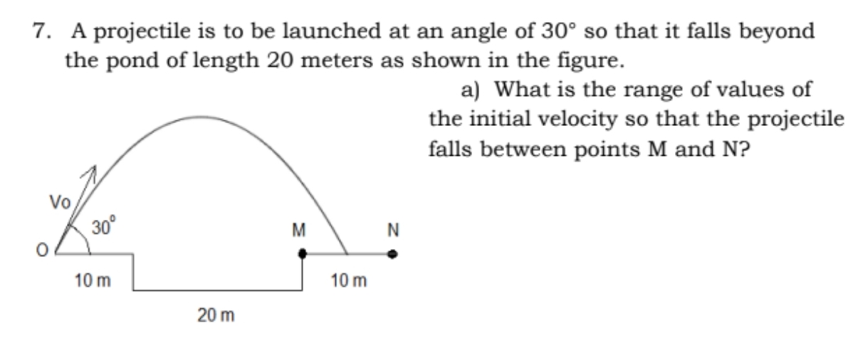 7. A projectile is to be launched at an angle of 30° so that it falls beyond
the pond of length 20 meters as shown in the figure.
a) What is the range of values of
the initial velocity so that the projectile
falls between points M and N?
Vo
30°
M
10 m
10 m
20 m
