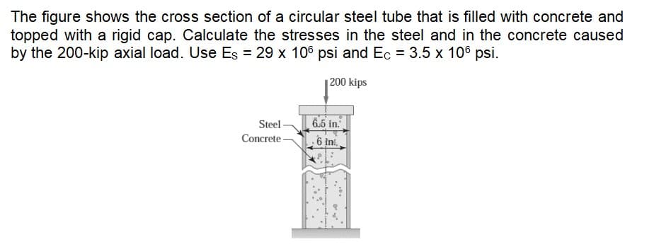 The figure shows the cross section of a circular steel tube that is filled with concrete and
topped with a rigid cap. Calculate the stresses in the steel and in the concrete caused
by the 200-kip axial load. Use Es = 29 x 106 psi and Ec = 3.5 x 106 psi.
200 kips
Steel
Concrete-
6.5 in.
.6 in..