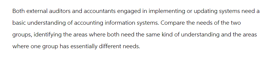 Both external auditors and accountants engaged in implementing or updating systems need a
basic understanding of accounting information systems. Compare the needs of the two
groups, identifying the areas where both need the same kind of understanding and the areas
where one group has essentially different needs.