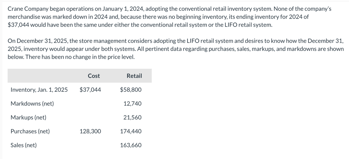 Crane Company began operations on January 1, 2024, adopting the conventional retail inventory system. None of the company's
merchandise was marked down in 2024 and, because there was no beginning inventory, its ending inventory for 2024 of
$37,044 would have been the same under either the conventional retail system or the LIFO retail system.
On December 31, 2025, the store management considers adopting the LIFO retail system and desires to know how the December 31,
2025, inventory would appear under both systems. All pertinent data regarding purchases, sales, markups, and markdowns are shown
below. There has been no change in the price level.
Inventory, Jan. 1, 2025
Markdowns (net)
Markups (net)
Purchases (net)
Sales (net)
Cost
$37,044
128,300
Retail
$58,800
12,740
21,560
174,440
163,660