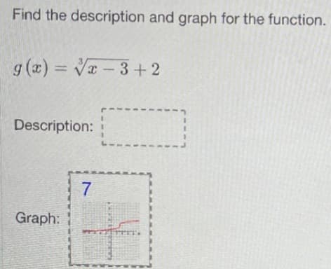 Find the description and graph for the function.
g (x) = V-3+2
Description:
Graph:
