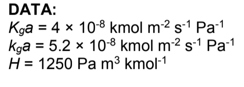 DATA:
Kga = 4 x 10-8 kmol m-2 s-1 Pa-1
Kga = 5.2 × 10-8 kmol m2 s-1 Pa1
H = 1250 Pa m³ kmol-1
%3D
