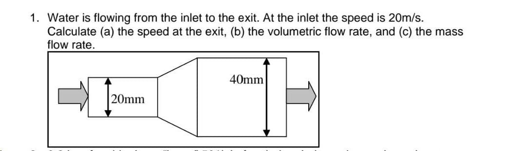 1. Water is flowing from the inlet to the exit. At the inlet the speed is 20m/s.
Calculate (a) the speed at the exit, (b) the volumetric flow rate, and (c) the mass
flow rate.
20mm
40mm