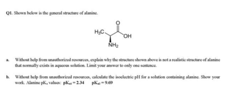 QI. Shown below is the general structure of alanine.
H3C.
но
ÑH2
a Without help from unauthorized resources, explain why the structure shown above is not a realistic structure of alanine
that normally exists in aqueous solution. Limit your answer to only one sentence.
a.
b. Without help from unauthorized resources, calculate the isoclectric pH for a solution containing alanine. Show your
work. Alanine pK, values: pKa -2.34
pK =9.69
