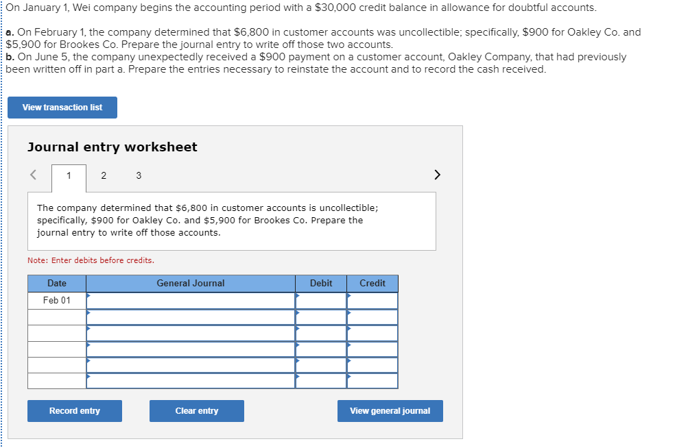 On January 1, Wei company begins the accounting period with a $30,000 credit balance in allowance for doubtful accounts.
a. On February 1, the company determined that $6,800 in customer accounts was uncollectible; specifically, $900 for Oakley Co. and
$5,900 for Brookes Co. Prepare the journal entry to write off those two accounts.
b. On June 5, the company unexpectedly received a $900 payment on a customer account, Oakley Company, that had previously
been written off in part a. Prepare the entries necessary to reinstate the account and to record the cash received.
View transaction list
Journal entry worksheet
1
2
3
The company determined that $6,800 in customer accounts is uncollectible;
specifically, $900 for Oakley Co. and $5,900 for Brookes Co. Prepare the
journal entry to write off those accounts.
Note: Enter debits before credits.
Date
General Journal
Debit
Credit
Feb 01
Record entry
Clear entry
View general journal
