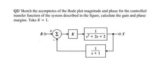 Q2/ Sketch the asymptotes of the Bode plot magnitude and phase for the controlled
transfer function of the system described in the figure, calculate the gain and phase
margins. Take K = 1.
ROE)
+2s +2
OY
