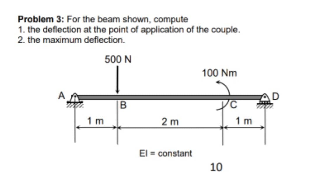 Problem 3: For the beam shown, compute
1. the deflection at the point of application of the couple.
2. the maximum deflection.
500 N
100 Nm
A
B
XC
1 m
2 m
El = constant
10
1 m
D