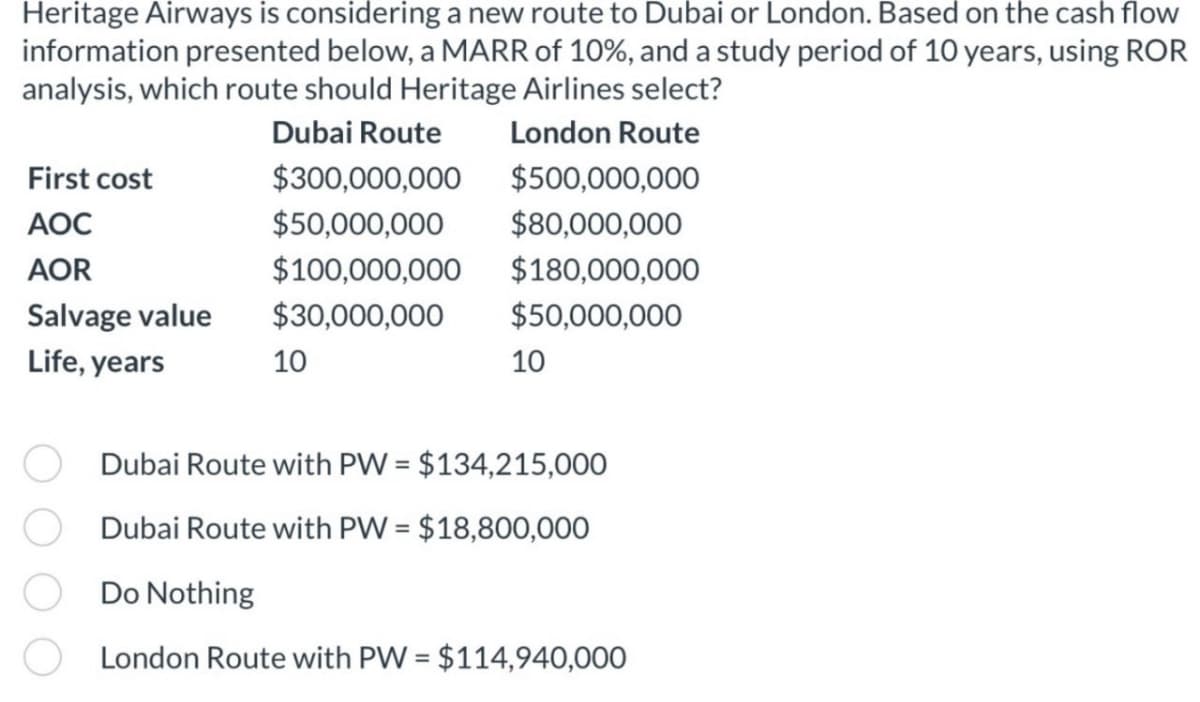 Heritage Airways is considering a new route to Dubai or London. Based on the cash flow
information presented below, a MARR of 10%, and a study period of 10 years, using ROR
analysis, which route should Heritage Airlines select?
Dubai Route
First cost
AOC
AOR
Salvage value
Life, years
London Route
$300,000,000
$500,000,000
$50,000,000
$80,000,000
$100,000,000
$180,000,000
$30,000,000
$50,000,000
10
10
Dubai Route with PW = $134,215,000
Dubai Route with PW = $18,800,000
Do Nothing
London Route with PW = $114,940,000