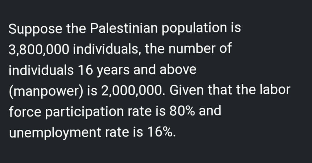 Suppose the Palestinian population is
3,800,000 individuals, the number of
individuals 16 years and above
(manpower)
is 2,000,000. Given that the labor
force participation rate is 80% and
unemployment rate is 16%.
