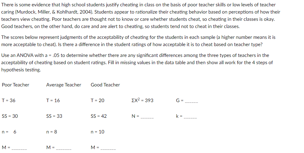 There is some evidence that high school students justify cheating in class on the basis of poor teacher skills or low levels of teacher
caring (Murdock, Miller, & Kohlhardt, 2004). Students appear to rationalize their cheating behavior based on perceptions of how their
teachers view cheating. Poor teachers are thought not to know or care whether students cheat, so cheating in their classes is okay.
Good teachers, on the other hand, do care and are alert to cheating, so students tend not to cheat in their classes.
The scores below represent judgments of the acceptability of cheating for the students in each sample (a higher number means it is
more acceptable to cheat). Is there a difference in the student ratings of how acceptable it is to cheat based on teacher type?
Use an ANOVA with a = .05 to determine whether there are any significant differences among the three types of teachers in the
acceptability of cheating based on student ratings. Fill in missing values in the data table and then show all work for the 4 steps of
hypothesis testing
Poor Teacher
Average Teacher
Good Teacher
T = 20
ΣΧ2 = 393
G =
T = 36
T = 16
SS = 30
SS = 33
SS = 42
N =
n =
6
n = 8
n = = 10
M =
M =
M=
=
k =