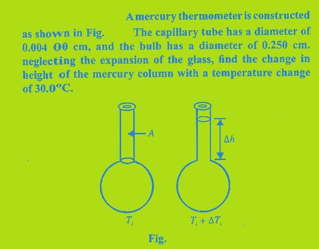 A mercury thermometer is constructed
as shown in Fig. The capillary tube has a diameter of
0.004 00 cm, and the bulb has a diameter of 0.250 cm.
neglecting the expansion of the glass, find the change in
height of the mercury column with a temperature change
of 30.0°C.
T₁
A
Fig.
T, + AT,
Ah
