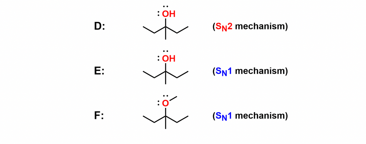 D:
E:
F:
: OH
✓
: OH
Ï
:ö
Ï
(SN2 mechanism)
(SN1 mechanism)
(SN1 mechanism)