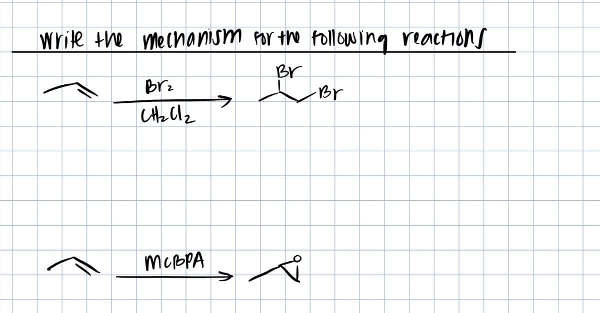 write the mechanism for the following reactions
Br
Br₂
CH2Cl2
MCBPA
Å
-Br