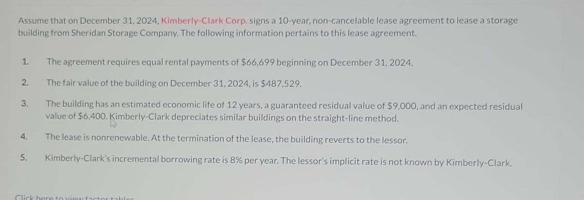 Assume that on December 31, 2024, Kimberly-Clark Corp. signs a 10-year, non-cancelable lease agreement to lease a storage
building from Sheridan Storage Company. The following information pertains to this lease agreement.
1.
2.
3.
4.
5.
The agreement requires equal rental payments of $66,699 beginning on December 31, 2024.
The fair value of the building on December 31, 2024, is $487,529.
The building has an estimated economic life of 12 years, a guaranteed residual value of $9,000, and an expected residual
value of $6,400. Kimberly-Clark depreciates similar buildings on the straight-line method.
The lease is nonrenewable. At the termination of the lease, the building reverts to the lessor.
Kimberly-Clark's incremental borrowing rate is 8% per year. The lessor's implicit rate is not known by Kimberly-Clark.
Click here to view factor tablor