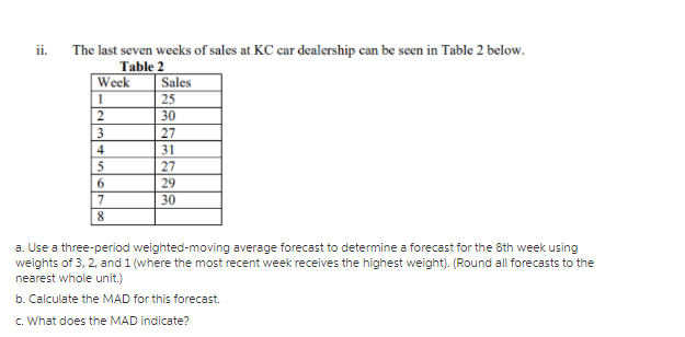 ii.
The last seven weeks of sales at KC car dealership can be seen in Table 2 below.
Table 2
Week
Sales
25
30
27
4
31
5
27
6
29
30
a. Use a three-period weighted-moving average forecast to determine a forecast for the 8th week using
weights of 3, 2, and 1 (where the most recent week receives the highest weight). (Round all forecasts to the
nearest whole unit.)
b. Calculate the MAD for this forecast.
c. What does the MAD indicate?
