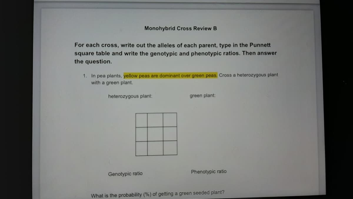 Monohybrid Cross Review B
For each cross, write out the alleles of each parent, type in the Punnett
square table and write the genotypic and phenotypic ratios. Then answer
the question.
1. In pea plants, yellow peas are dominant over green peas. Cross a heterozygous plant
with a green plant.
heterozygous plant:
green plant:
Genotypic ratio
Phenotypic ratio
What is the probability (%) of getting a green seeded plant?
