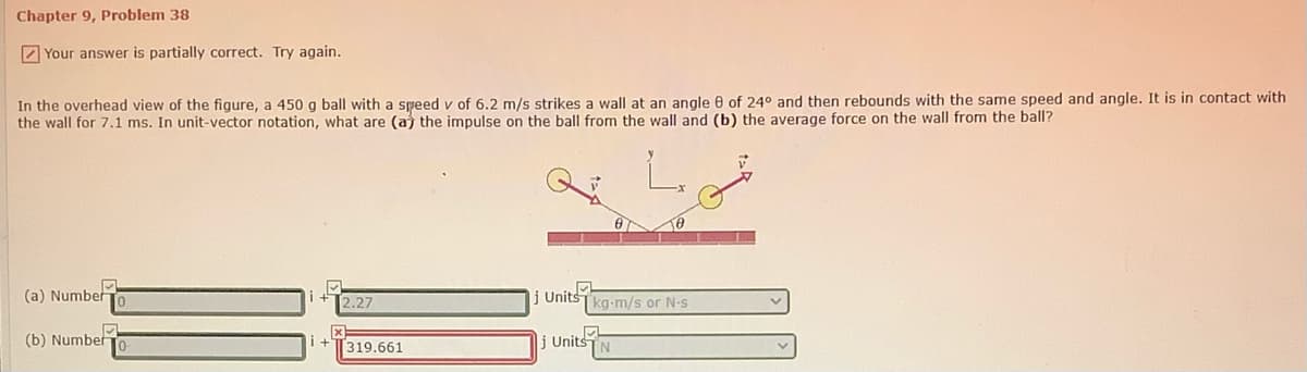 Chapter 9, Problem 38
Z Your answer is partially correct. Try again.
In the overhead view of the figure, a 450 g ball with a speed v of 6.2 m/s strikes a wall at an angle 8 of 24° and then rebounds with the same speed and angle. It is in contact with
the wall for 7.1 ms. In unit-vector notation, what are (aj the impulse on the ball from the wall and (b) the average force on the wall from the ball?
(a) Number
2.27
j UnitsTkg-m/s or N-s
(b) Number
319.661
j Units
